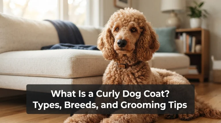 Apricot Poodle showing a naturally curly dog coat in a sunlit living room with grooming guide title.