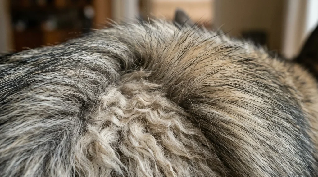 Macro photograph illustrating a dense undercoat trapped beneath guard hairs.