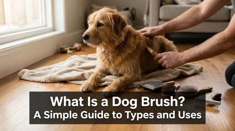 Several dog brush types beside a dog during a home grooming session