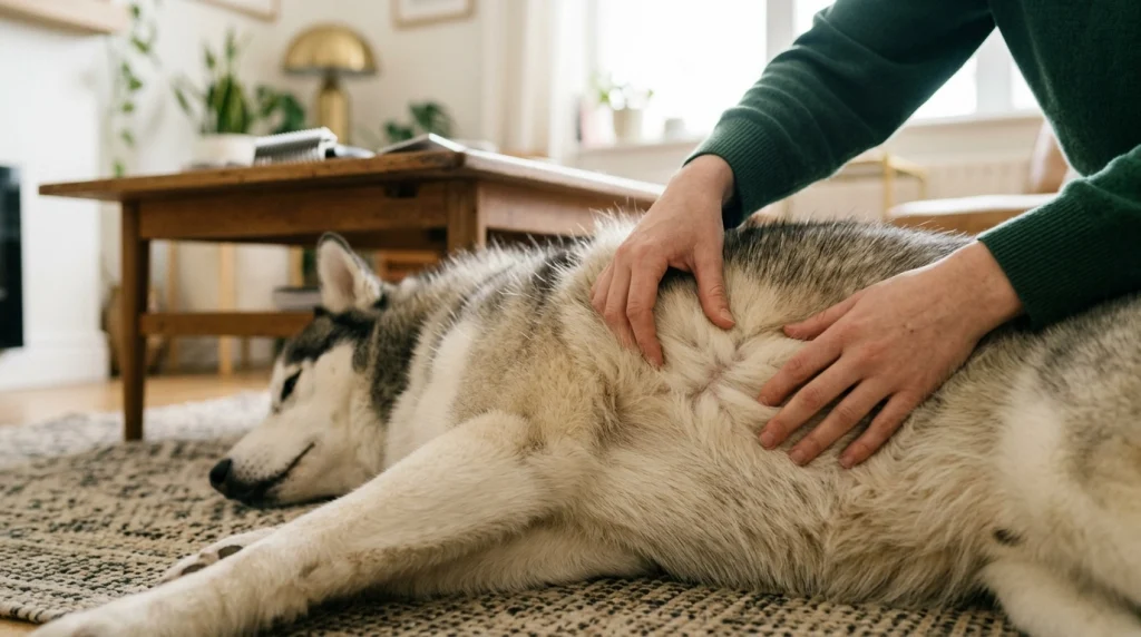 Close-up of a Siberian Husky's dense undercoat beneath its longer outer coat.