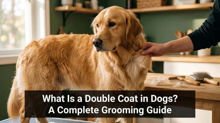 Golden Retriever showing its dense double coat while being gently groomed with an undercoat rake.