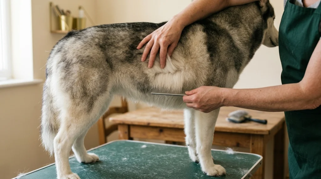 Siberian Husky coat being gently parted to reveal the dense undercoat beneath protective guard hairs.