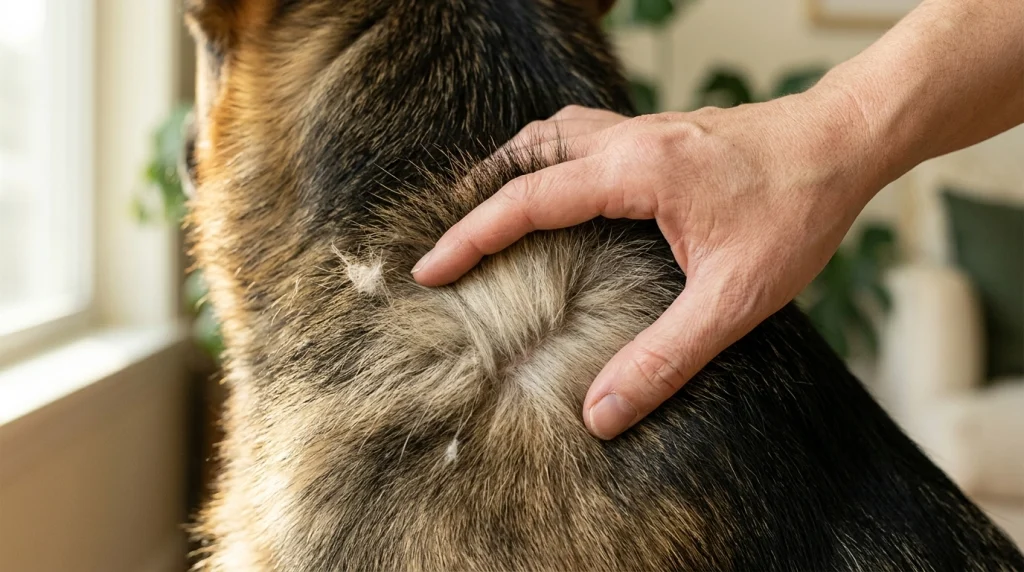 Close-up of a German Shepherd's parted fur showing the coarse topcoat and soft insulating undercoat.