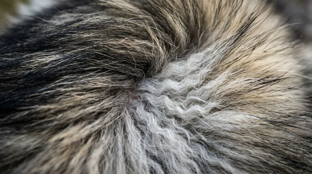Macro photograph showing the dual layers of a double coat to prevent mats.