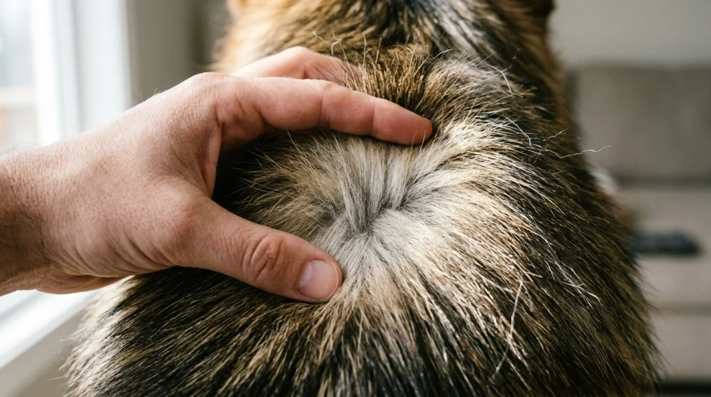 Close up view of a canine double coat structure and hair layers.