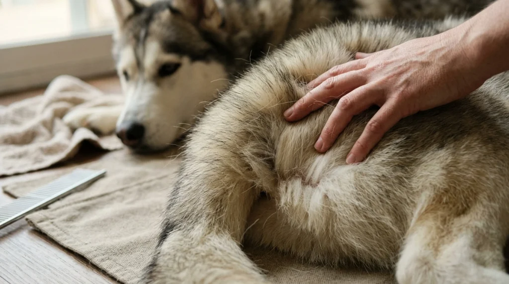 Close-up of a Siberian Husky's guard hairs and dense undercoat during a gentle coat inspection.