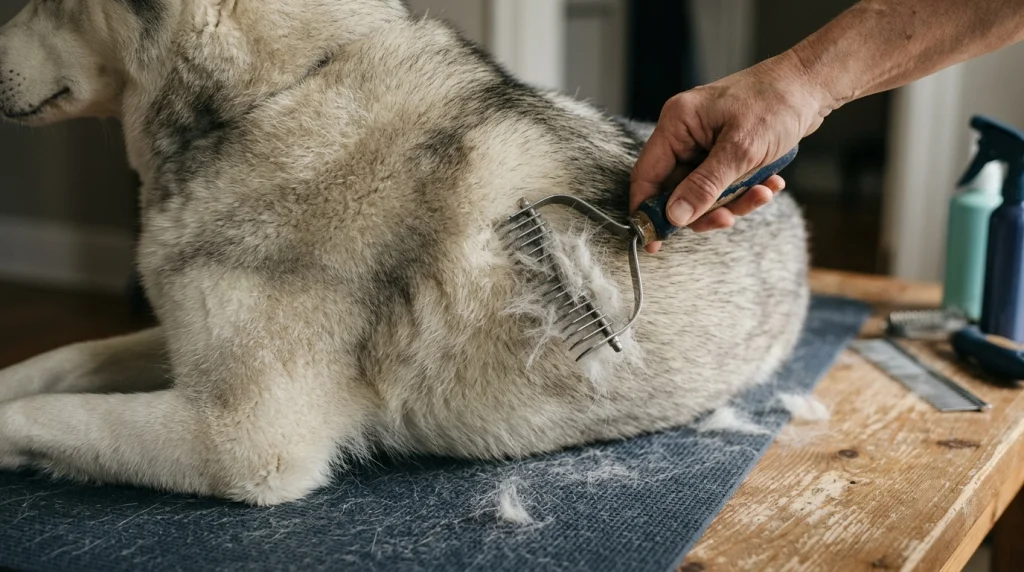 Undercoat rake with long metal teeth gently removing loose fur from a Siberian Husky.
