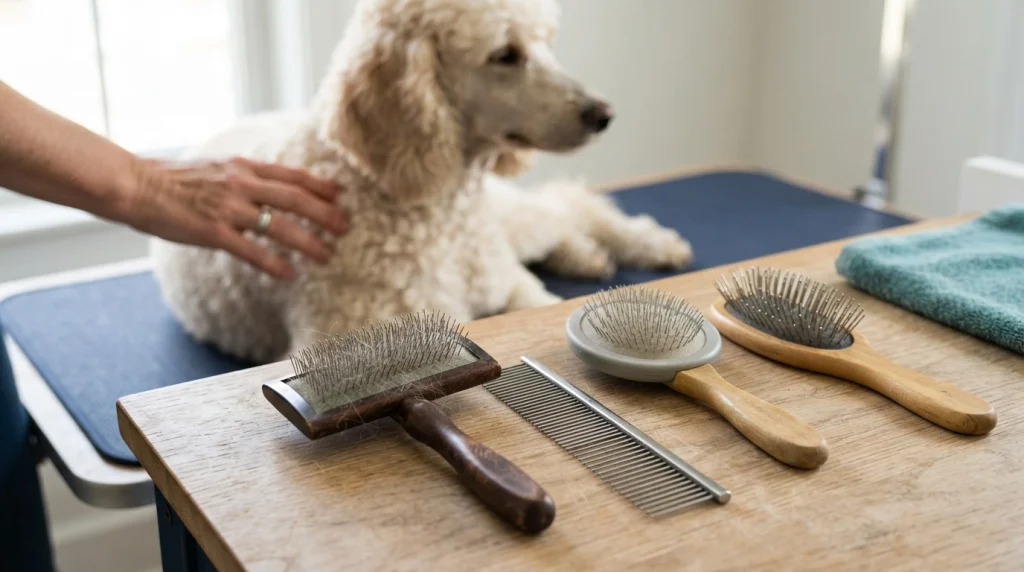Long-pin slicker, soft slicker, pin brush, and metal comb arranged for curly dog coat grooming.