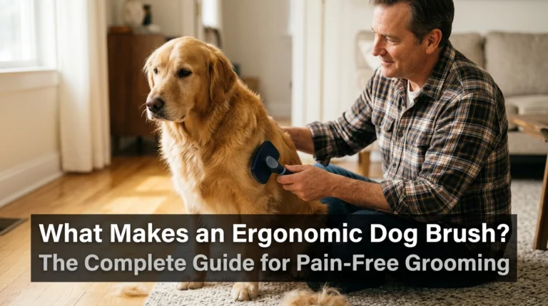 Dog owner using an ergonomic dog brush with a curved handle on a Golden Retriever in a sunlit room