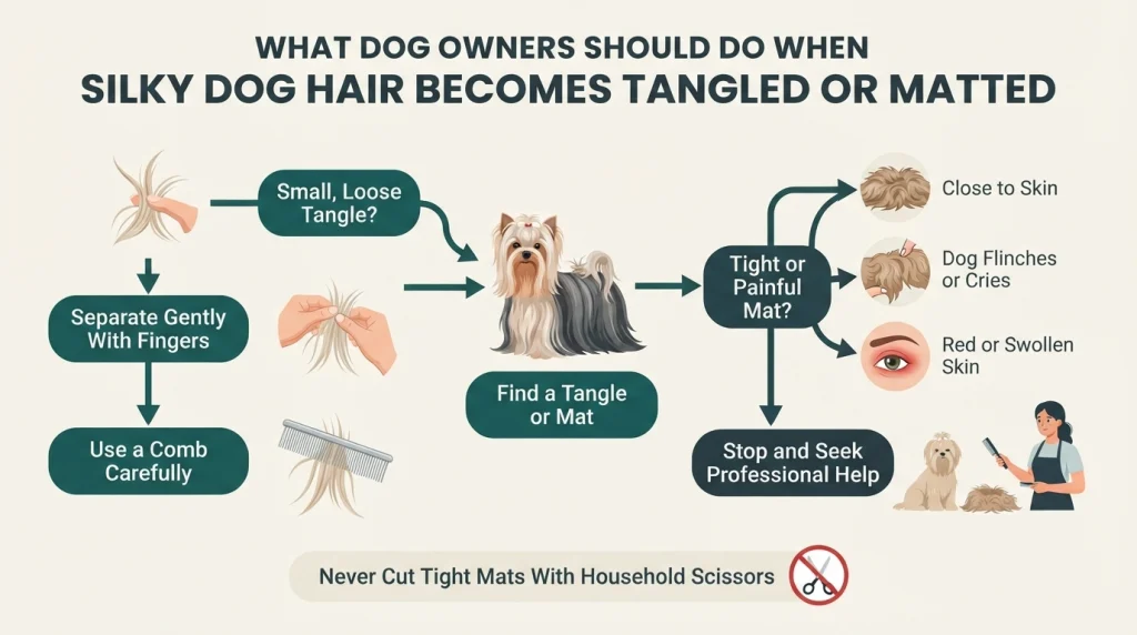 Dog matting decision flowchart showing gentle detangling, warning signs, and when to seek a groomer.