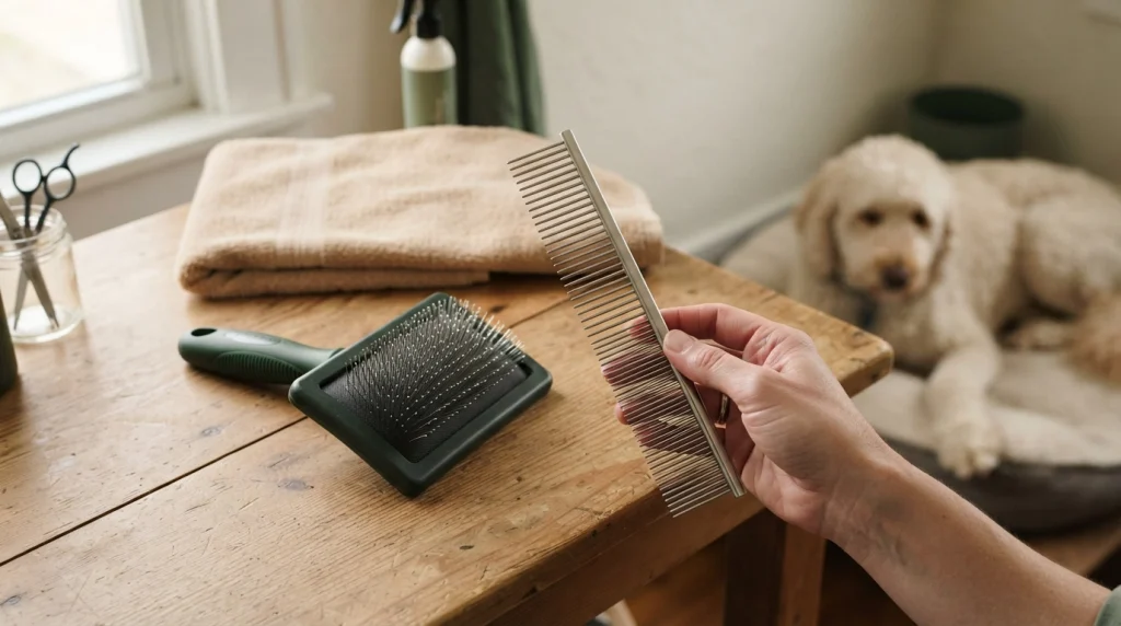 Close-up comparison of a slicker brush and steel dog grooming comb showing pin length and tooth spacing.