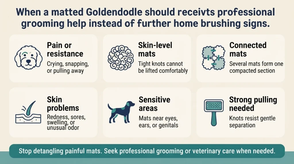 Infographic showing six signs of severe doodle matting that require professional grooming or veterinary care.