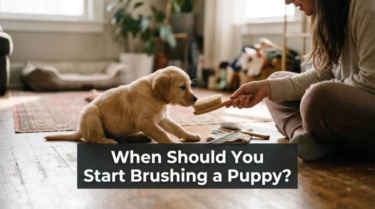 Young puppy calmly being introduced to a dog brush at home