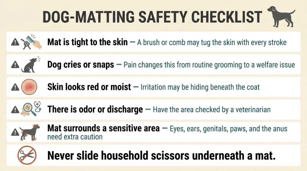 Checklist showing when tight or painful dog mats should not be brushed at home
