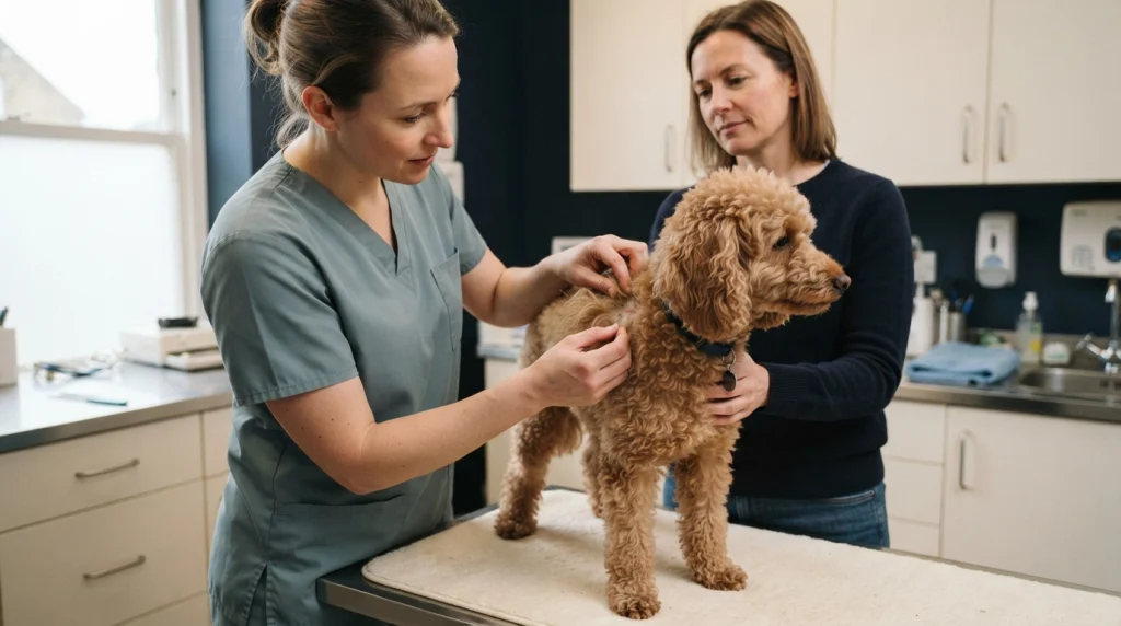 Veterinarian examining a curly Poodle for painful mats and skin irritation.