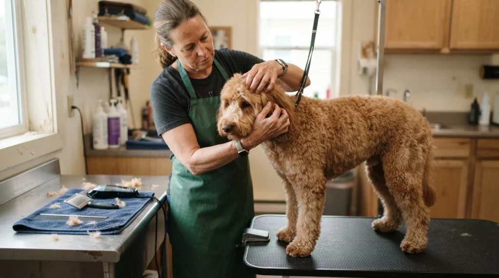 Professional groomer inspecting a matted Goldendoodle coat near the ear before grooming.