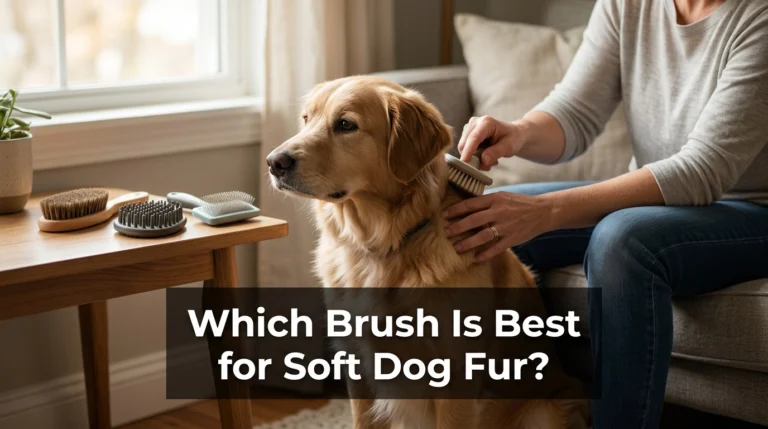 Dog with soft fur beside bristle, rubber, and slicker brushes for gentle grooming