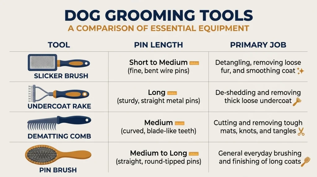 Infographic comparison table of slicker brushes and undercoat rakes.