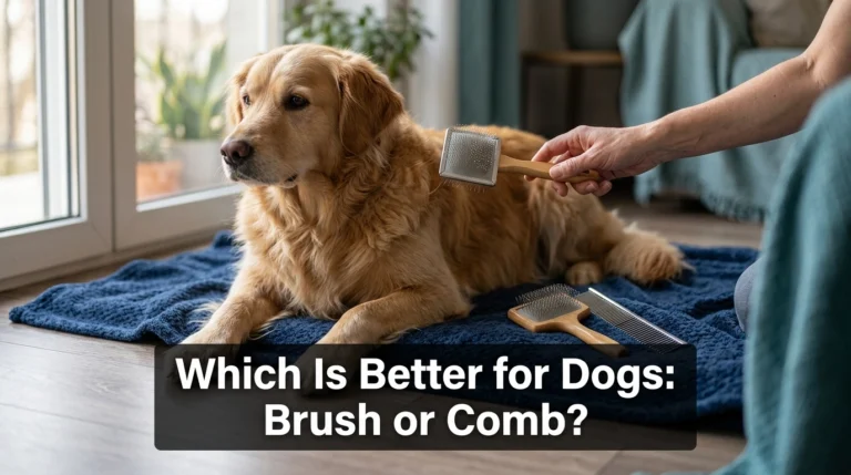 Dog beside a grooming brush and comb for comparing which tool is better for dogs