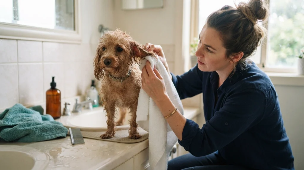 Owner towel-dries a curly-haired Poodle, showing how damp curls can develop tighter mats after bathing.