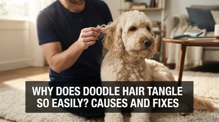 Goldendoodle with curly, tangled hair being gently examined during a home grooming session.