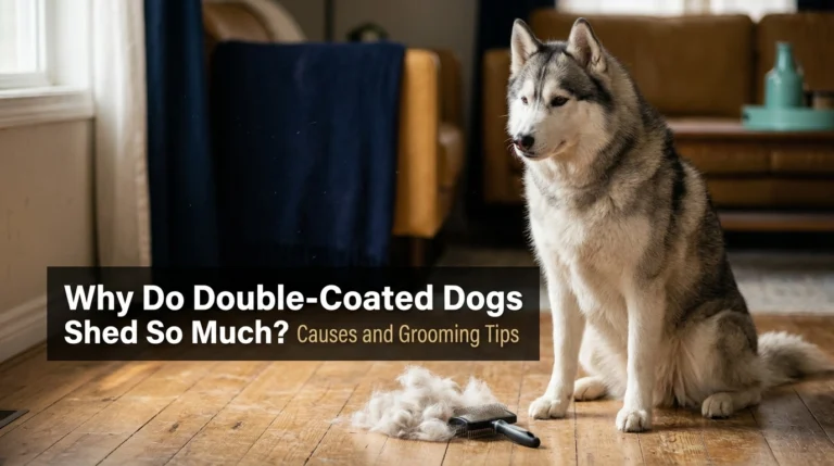 Siberian Husky with a thick double coat beside a grooming brush and loose fur.