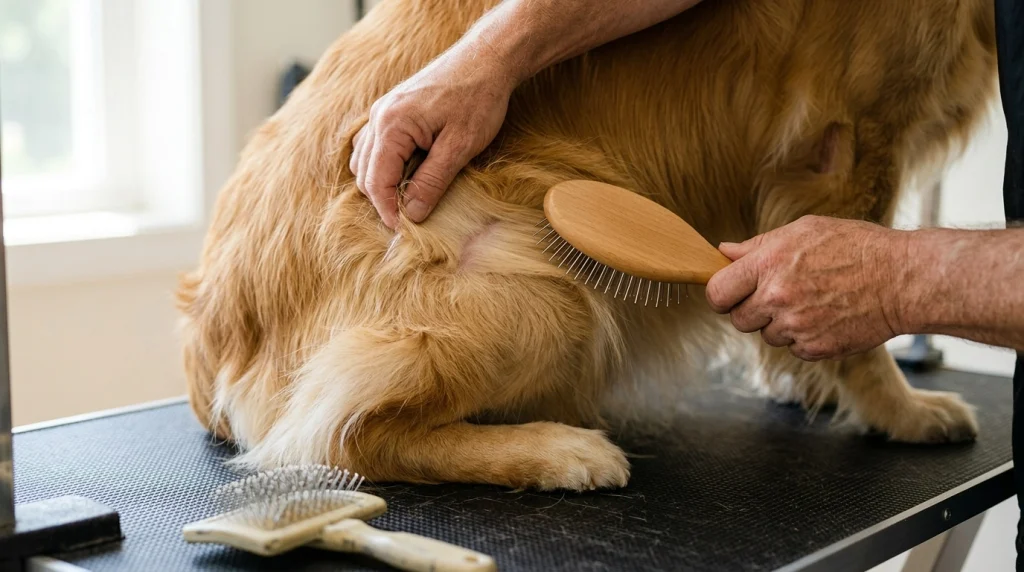 Groomer brushing a Golden Retriever's feathering with polished stainless steel pins without static buildup.