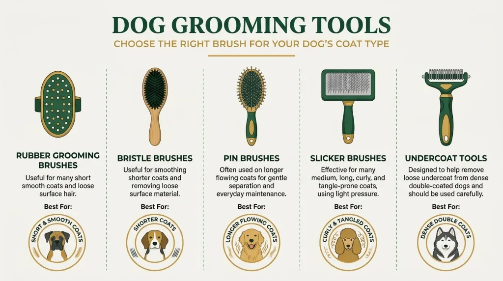 Infographic comparing rubber, bristle, pin, slicker, and undercoat dog brushes