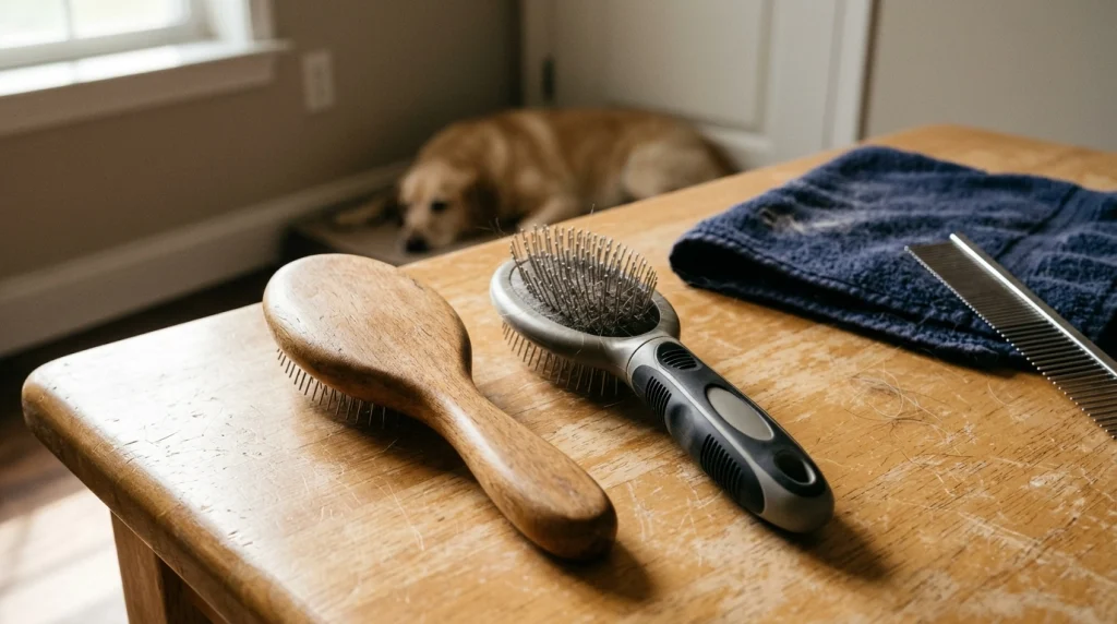 Wooden vs plastic dog brush handles shown side by side on a grooming table.