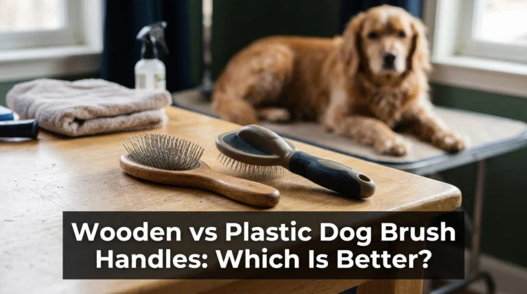 Wooden vs plastic dog brush handles displayed side by side on a home grooming table.